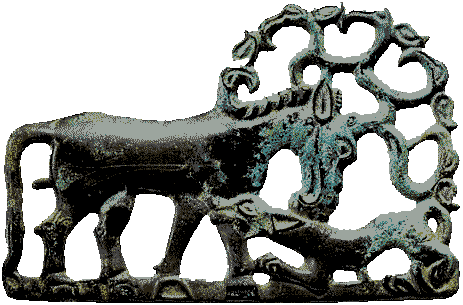 3rd-2nd century BCE bronze belt buckle with animals in combat